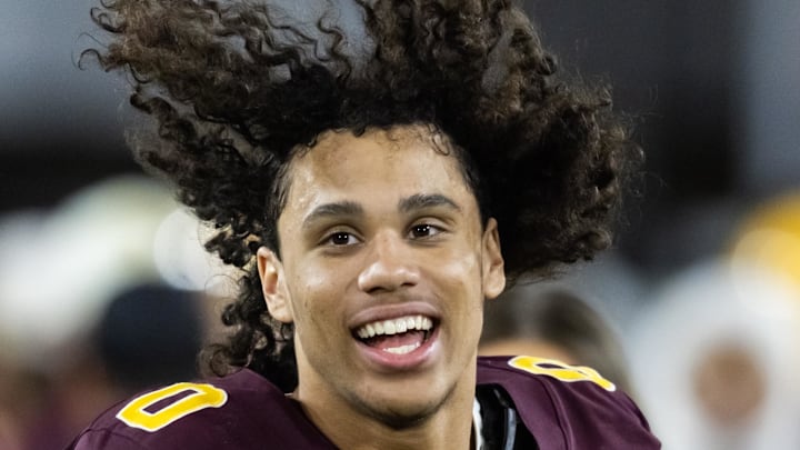 Nov 28, 2025; Tempe, Arizona, USA; Arizona State Sun Devils wide receiver Jordyn Tyson (0) against the Arizona Wildcats during the 99th Territorial Cup at Mountain America Stadium. Mandatory Credit: Mark J. Rebilas-Imagn Images