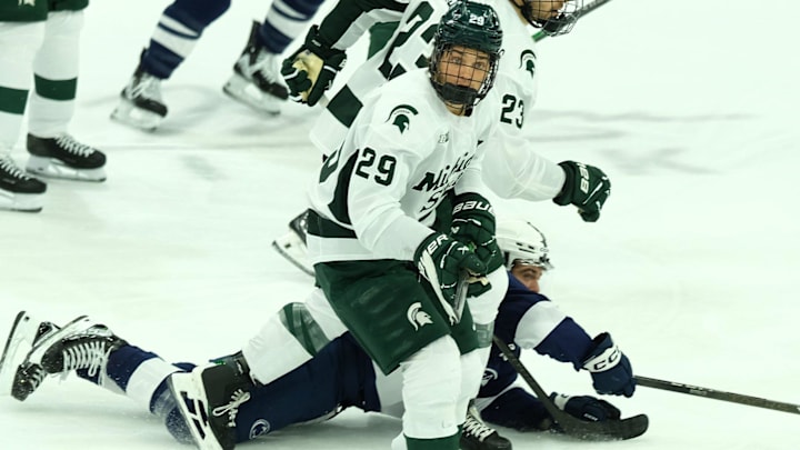 Michigan State and Penn State tangle in Big 10 action at Munn Ice Arena Saturday, Nov. 8, 2025.