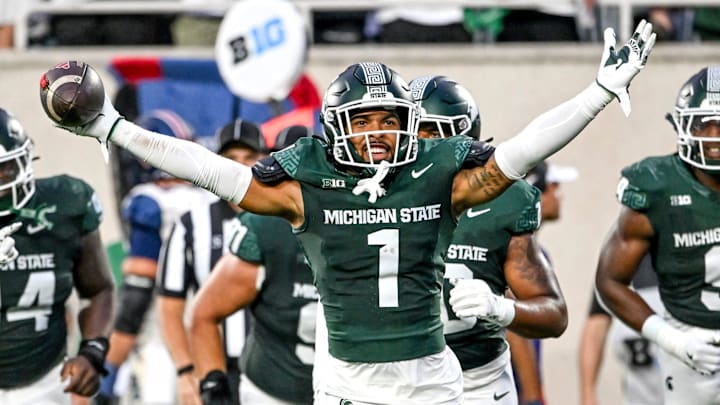 Michigan State's Nikai Martinez celebrates his interception against Florida Atlantic during the second quarter on Friday, Aug. 30, 2024, at Spartan Stadium in East Lansing. Michigan State's Nikai Martinez celebrates his interception against Florida Atlantic during the second quarter on Friday, Aug. 30, 2024, at Spartan Stadium in East Lansing.