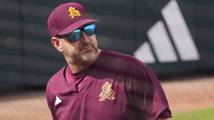 Arizona State manager Willie Bloomquist calls for a replay against Ohio State during the first inning at Phoenix Municipal Stadium on Feb. 16, 2025.