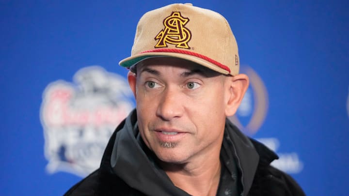 Arizona State offensive coordinator Marcus Arroyo answers questions during media day for the Chick-fil-A Peach Bowl in Atlanta on Monday, Dec. 30, 2024.