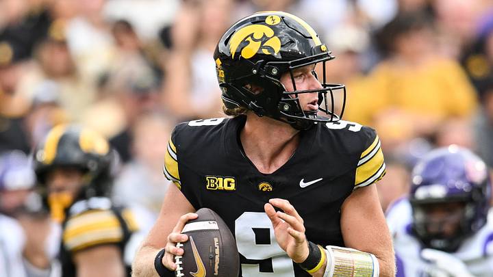Sep 19, 2026; Iowa City, Iowa, USA; Iowa Hawkeyes quarterback Hank Brown (9) looks to throws a pass against the UNI Panthers during the first quarter at Kinnick Stadium. Mandatory Credit: Jeffrey Becker-Imagn Images Sep 19, 2026; Iowa City, Iowa, USA; Iowa Hawkeyes quarterback Hank Brown (9) looks to throws a pass against the UNI Panthers during the first quarter at Kinnick Stadium. Mandatory Credit: Jeffrey Becker-Imagn Images