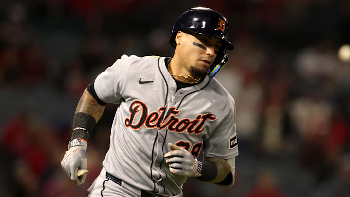 May 2, 2025; Anaheim, California, USA; Detroit Tigers third baseman Javier Baez (28) runs the bases after hitting a home run during the ninth inning against the Los Angeles Angels at Angel Stadium. May 2, 2025; Anaheim, California, USA; Detroit Tigers third baseman Javier Baez (28) runs the bases after hitting a home run during the ninth inning against the Los Angeles Angels at Angel Stadium.