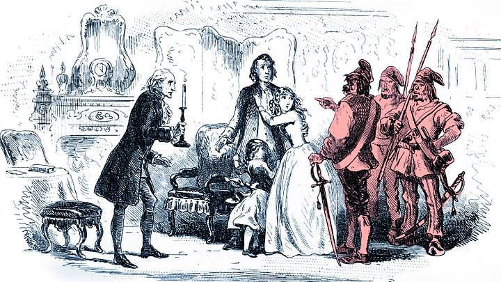 Four armed men arrive at the Evrémonde family’s apartment to arrest Charles Darnay in this illustration from 'A Tale of Two Cities.' Four armed men arrive at the Evrémonde family’s apartment to arrest Charles Darnay in this illustration from 'A Tale of Two Cities.'