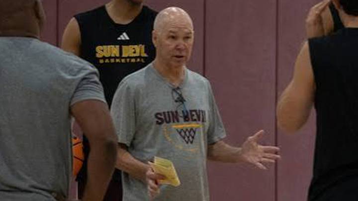 ASU men's basketball coach Randy Bennett (center) talks with his team during practice at the Weatherup Center in Tempe, Arizona, on June 30, 2026. ASU men's basketball coach Randy Bennett (center) talks with his team during practice at the Weatherup Center in Tempe, Arizona, on June 30, 2026.