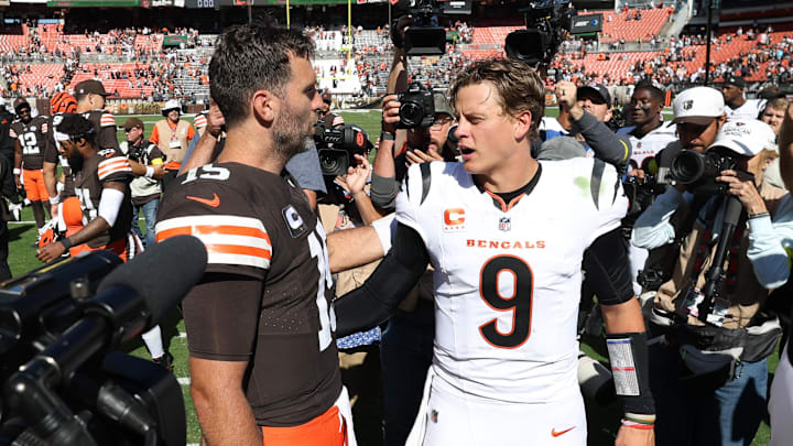 Sep 7, 2025; Cleveland, Ohio, USA; Cleveland Browns quarterback Joe Flacco (15) and Cincinnati Bengals quarterback Joe Burrow (9) greet each other after a game at Huntington Bank Field. Mandatory Credit: Scott Galvin-Imagn Images Sep 7, 2025; Cleveland, Ohio, USA; Cleveland Browns quarterback Joe Flacco (15) and Cincinnati Bengals quarterback Joe Burrow (9) greet each other after a game at Huntington Bank Field. Mandatory Credit: Scott Galvin-Imagn Images