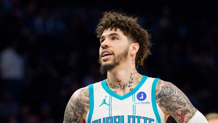 Apr 5, 2026; Minneapolis, Minnesota, USA; Charlotte Hornets guard LaMelo Ball (1) during a stoppage in the first quarter against the Minnesota Timberwolves at Target Center. Mandatory Credit: Matt Blewett-Imagn Images