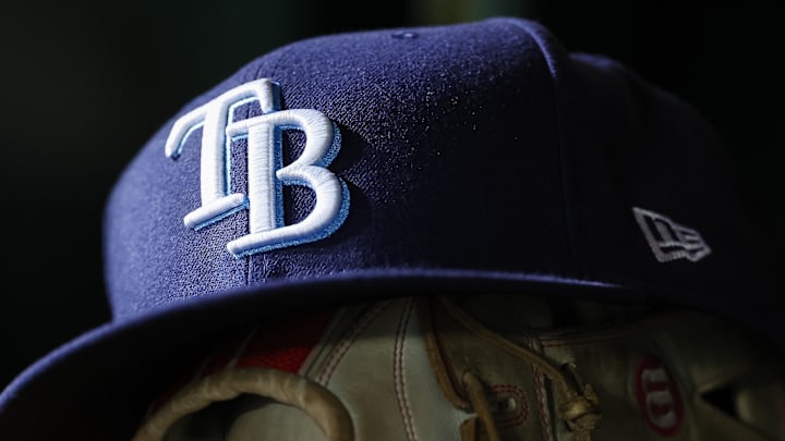 Apr 3, 2023; Washington, District of Columbia, USA; A general view of a Tampa Bay Rays hat and glove during the seventh inning of the game against the Washington Nationals at Nationals Park. 