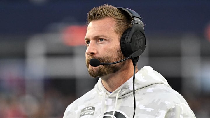 Nov 17, 2024; Foxborough, Massachusetts, USA;  Los Angeles Rams head coach Sean McVay watches from the sideline during the second half against the New England Patriots at Gillette Stadium. Mandatory Credit: Eric Canha-Imagn Images