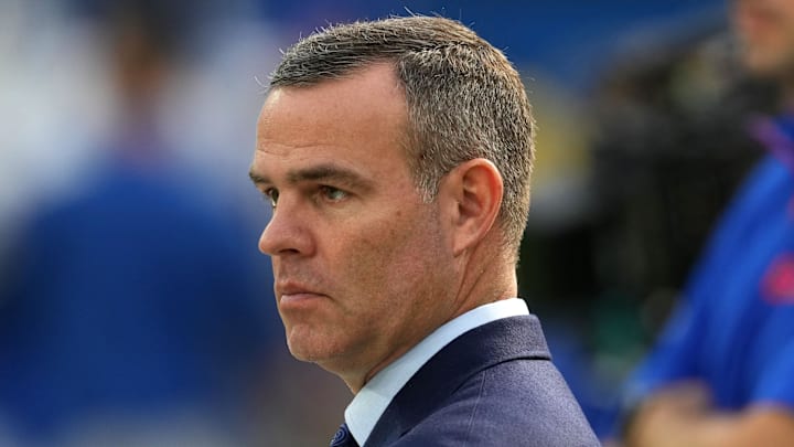 Dec 8, 2024; Inglewood, California, USA; Buffalo Bills general manager Brandon Beane reacts during the game against the Los Angeles Rams at SoFi Stadium. Mandatory Credit: Kirby Lee-Imagn Images