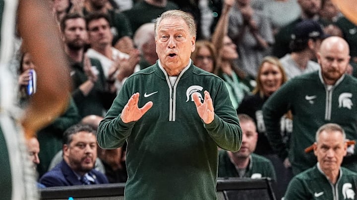 Michigan State head coach Tom Izzo reacts to a play against Auburn during the first half of the Elite Eight round of the NCAA tournament at State Farm Arena in Atlanta on Sunday, March 30, 2025.