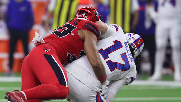 Nov 20, 2025; Houston, Texas, USA; Houston Texans linebacker Henry To'oTo'o (39) sacks Buffalo Bills quarterback Josh Allen (17) in the second half at NRG Stadium. Mandatory Credit: Troy Taormina-Imagn Images