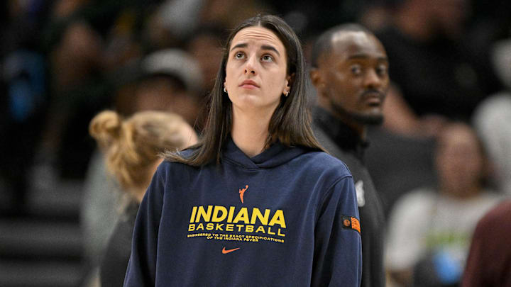 Aug 1, 2025; Dallas, Texas, USA; Indiana Fever guard Caitlin Clark (22) during the game between the Dallas Wings and the Indiana Fever at the American Airlines Center. Mandatory Credit: Jerome Miron-Imagn Images