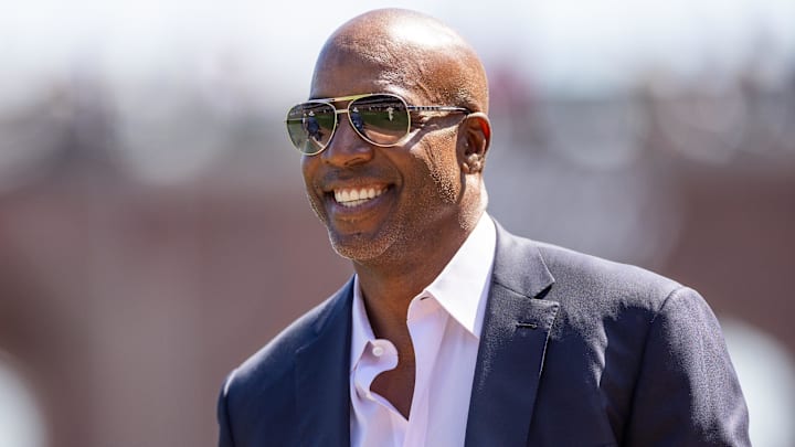 Sep 15, 2024; San Francisco, California, USA; San Francisco Giants legend Barry Bonds smiles before the MLB game between the San Diego Padres and San Francisco Giants at Oracle Park
