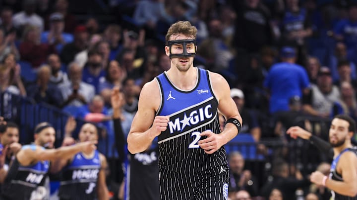 Dec 3, 2025; Orlando, Florida, USA; Orlando Magic forward Franz Wagner (22) reacts after a basket against the San Antonio Spurs in the first quarter at Kia Center. Mandatory Credit: Nathan Ray Seebeck-Imagn Images Dec 3, 2025; Orlando, Florida, USA; Orlando Magic forward Franz Wagner (22) reacts after a basket against the San Antonio Spurs in the first quarter at Kia Center. Mandatory Credit: Nathan Ray Seebeck-Imagn Images
