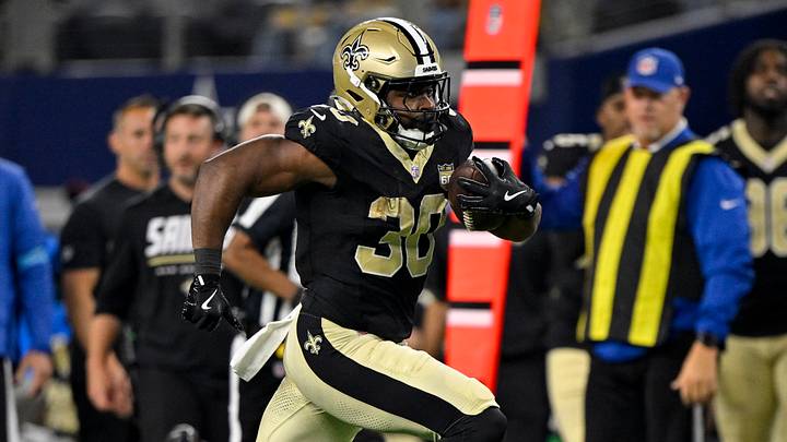 Aug 28, 2026; Arlington, Texas, USA; New Orleans Saints running back Audric Estime (30) runs with the ball during the game between the Cowboys and the Saints at AT&T Stadium. Mandatory Credit: Jerome Miron-Imagn Images Aug 28, 2026; Arlington, Texas, USA; New Orleans Saints running back Audric Estime (30) runs with the ball during the game between the Cowboys and the Saints at AT&T Stadium. Mandatory Credit: Jerome Miron-Imagn Images