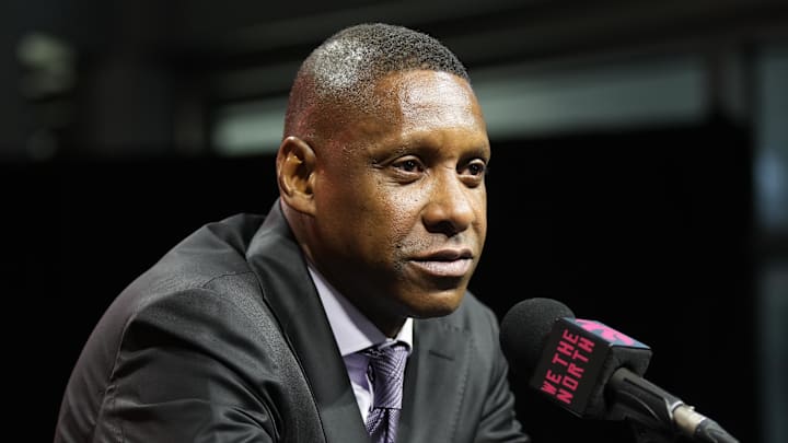 Sep 30, 2024; Toronto, Ontario, Canada; Toronto Raptors Vice-Chairman and Team President Masai Ujiri speaks to the media during media day at Scotiabank Area. Mandatory Credit: John E. Sokolowski-Imagn Images