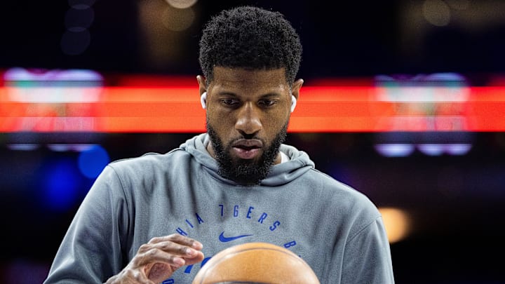 Feb 20, 2025; Philadelphia, Pennsylvania, USA; Philadelphia 76ers forward Paul George (8) warms up before a game against the Boston Celtics at Wells Fargo Center. Mandatory Credit: Bill Streicher-Imagn Images