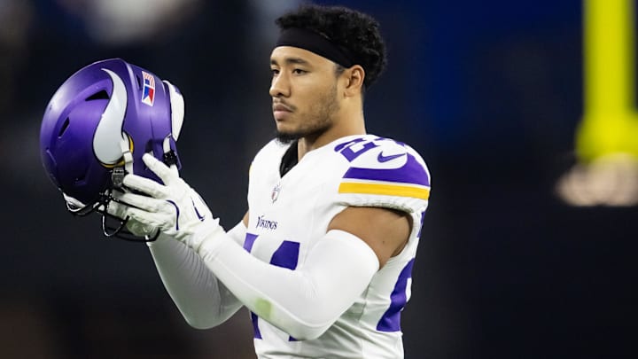 Jan 13, 2025; Glendale, AZ, USA; Minnesota Vikings safety Camryn Bynum (24) against the Los Angeles Rams during an NFC wild card game at State Farm Stadium. Mandatory Credit: Mark J. Rebilas-Imagn Images