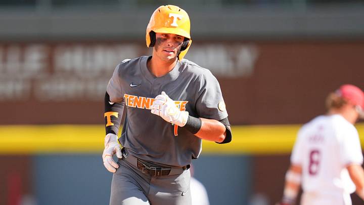 Tennessee's Dean Curley (1) runs the bases after hitting a two-run home run during game one of the NCAA baseball tournament Fayetteville Super Regional between Tennessee and Arkansas held at Baum-Walker Stadium on Saturday, June 7, 2025. Tennessee's Dean Curley (1) runs the bases after hitting a two-run home run during game one of the NCAA baseball tournament Fayetteville Super Regional between Tennessee and Arkansas held at Baum-Walker Stadium on Saturday, June 7, 2025.