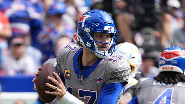 Sep 27, 2026; Orchard Park, New York, USA;  Buffalo Bills quarterback Josh Allen (17) looks to throw in the second quarter against the Los Angeles Chargers at New Highmark Stadium.  Mandatory Credit: Gregory Fisher-Imagn Images