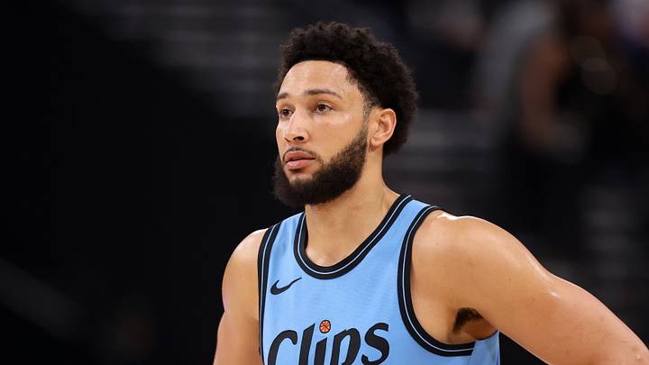 Apr 5, 2025; Inglewood, California, USA; Los Angeles Clippers guard Ben Simmons (25) looks on during the first half against the Dallas Mavericks at Intuit Dome. Apr 5, 2025; Inglewood, California, USA; Los Angeles Clippers guard Ben Simmons (25) looks on during the first half against the Dallas Mavericks at Intuit Dome.