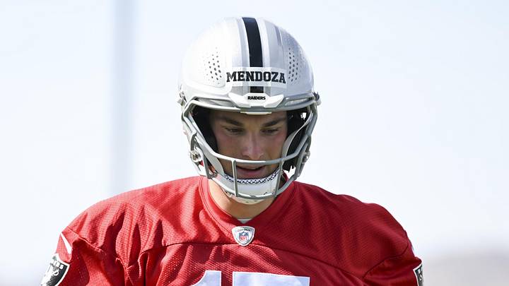 Jun 3, 2026; Henderson, NV, USA; Las Vegas Raiders quarterback Fernando Mendoza (15) warms up during organized team activities at Intermountain Health Performance Center. Mandatory Credit: Candice Ward-Imagn Images