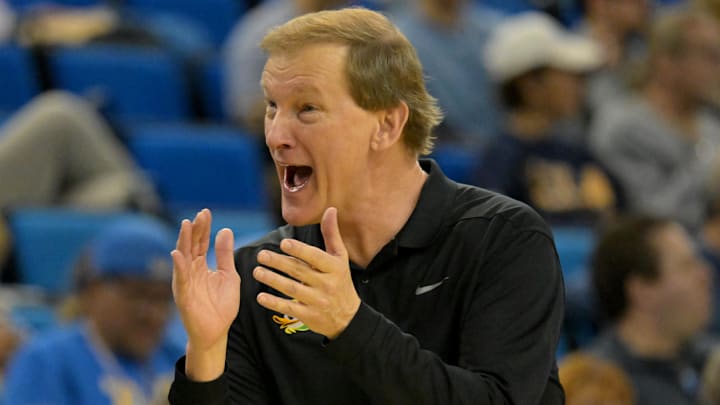 Dec 6, 2025; Los Angeles, California, USA;  Oregon Ducks head coach Dana Altman reacts during the first half against the UCLA Bruins at Pauley Pavilion presented by Wescom Financial. Mandatory Credit: Jayne Kamin-Oncea-Imagn Images
