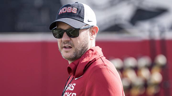Arkansas Razorbacks coach Ryan Silverfield looks over the field during spring practice at the Arkansas Razorbacks practice facilities. Arkansas Razorbacks coach Ryan Silverfield looks over the field during spring practice at the Arkansas Razorbacks practice facilities.