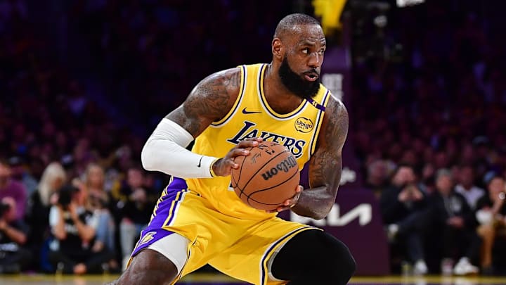 Los Angeles Lakers forward LeBron James runs with the ball.