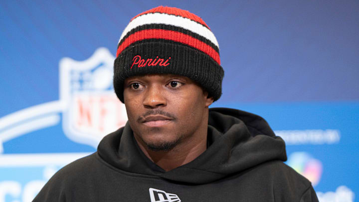 TCU defensive back Bud Clark speaks to members of the media during the NFL Combine 