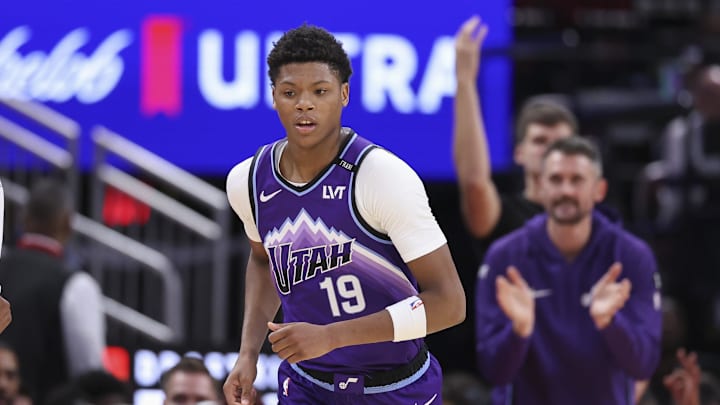 Oct 8, 2025; Houston, Texas, USA; Utah Jazz forward Ace Bailey (19) reacts after making a basket during the third quarter against the Houston Rockets at Toyota Center. Mandatory Credit: Troy Taormina-Imagn Images
