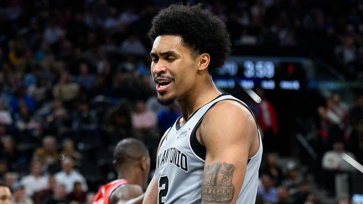 Apr 2, 2026; Inglewood, California, USA; San Antonio Spurs guard Dylan Harper (2) reacts after scoring during the second half against the Los Angeles Clippers at Intuit Dome. Mandatory Credit: William Liang-Imagn Images
