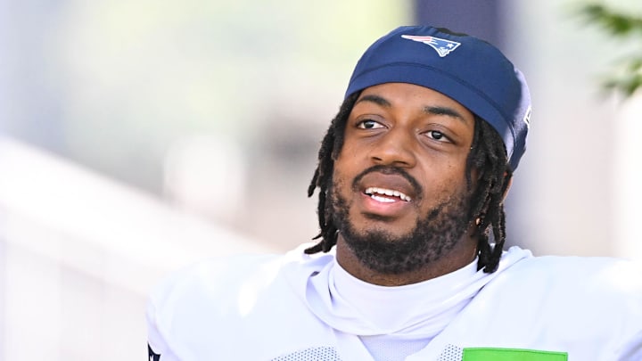 New England Patriots running back Antonio Gibson heads to the practice fields for training camp 