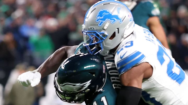 Philadelphia Eagles wide receiver A.J. Brown (11) attempts to make a catch over Detroit Lions cornerback Rock Ya-Sin (23).