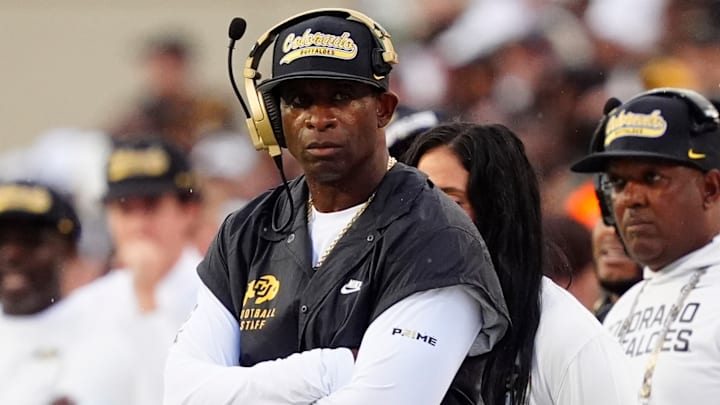 Colorado Buffaloes head coach Deion Sanders on the sidelines in the second quarter against the Georgia Tech Yellow Jackets at Folsom Field. 