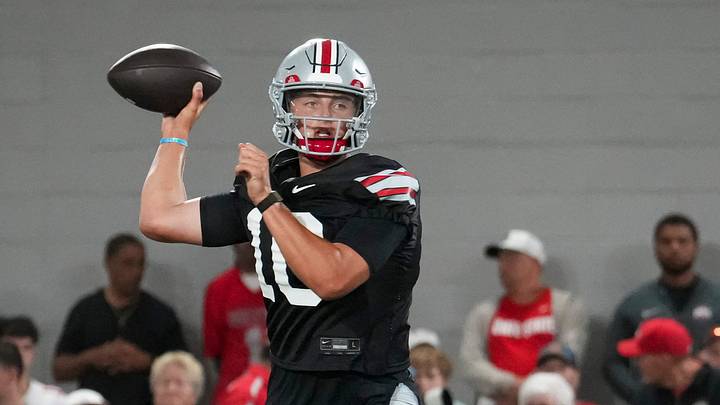 Ohio State Buckeyes quarterback Julian Sayin (10) looks to pass during football training camp inside the Woody Hayes Athletic Center in Columbus on Aug. 7, 2026. Ohio State Buckeyes quarterback Julian Sayin (10) looks to pass during football training camp inside the Woody Hayes Athletic Center in Columbus on Aug. 7, 2026.