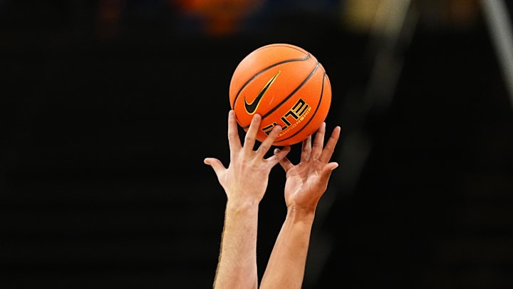 Dec 13, 2024; Boulder, Colorado, USA; General view of a Nike Elite basketball during a tip off between the South Dakota State Jackrabbits against the Colorado Buffaloes in the first half at CU Events Center. Mandatory Credit: Ron Chenoy-Imagn Images