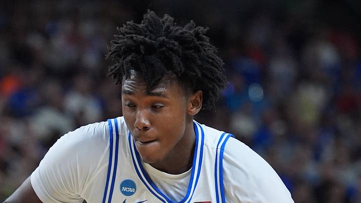 Mar 21, 2026; Greenville, SC, USA; Duke Blue Devils center Patrick Ngongba (21) handles the ball against the Texas Christian University Horned Frogs during a second round game of the men's 2026 NCAA Tournament at Bon Secours Wellness Arena. Mandatory Credit: Jim Dedmon-Imagn Images
