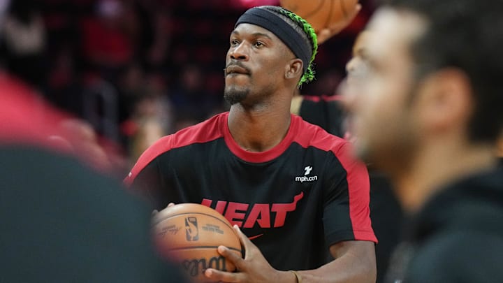 Jan 2, 2025; Miami, Florida, USA;  Miami Heat forward Jimmy Butler (22) warms-up before the game against the Indiana Pacers at Kaseya Center. Mandatory Credit: Jim Rassol-Imagn Images