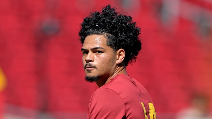 Sep 6, 2025; Los Angeles, California, USA;  USC Trojans quarterback Jayden Maiava (14) warms up prior to the game against the Georgia Southern Eagles at United Airlines Field at Los Angeles Memorial Coliseum. 