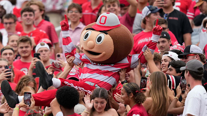 Aug 31, 2024; Columbus, OH, USA; Brutus crowd surfs up the Block O student section during the second half of the NCAA football game between the Ohio State Buckeyes and the Akron Zips at Ohio Stadium. Ohio State won 52-6. Aug 31, 2024; Columbus, OH, USA; Brutus crowd surfs up the Block O student section during the second half of the NCAA football game between the Ohio State Buckeyes and the Akron Zips at Ohio Stadium. Ohio State won 52-6.