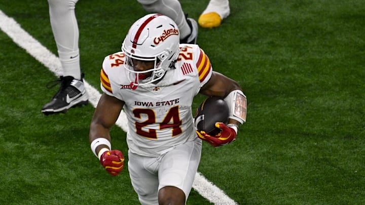Dec 7, 2024; Arlington, TX, USA; Iowa State Cyclones running back Abu Sama III (24) in action during the game between the Iowa State Cyclones and the Arizona State Sun Devils at AT&T Stadium. Mandatory Credit: Jerome Miron-Imagn Images