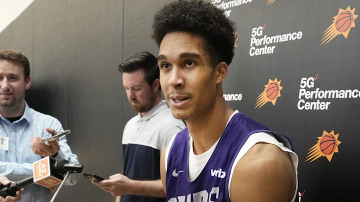 Forward Oso Ighodaro talks to the media during the Suns Summer League at Verizon 5G Performance Center on Jul 9, 2024, in Phoenix.
