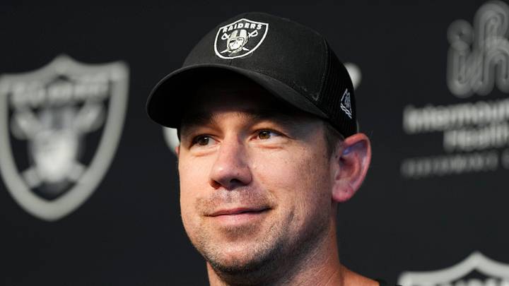 May 20, 2026; Henderson, NV, USA; Las Vegas Raiders head coach Klint Kubiak speaks during a news conference during organized team activities at Intermountain Health Performance Center. Mandatory Credit: Candice Ward-Imagn Images