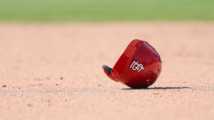 Apr 20, 2025; New York City, New York, USA; The helmet of St. Louis Cardinals right fielder Jordan Walker (not pictured) rests in the base path during the sixth inning against the New York Mets at Citi Field. Mandatory Credit: Vincent Carchietta-Imagn Images