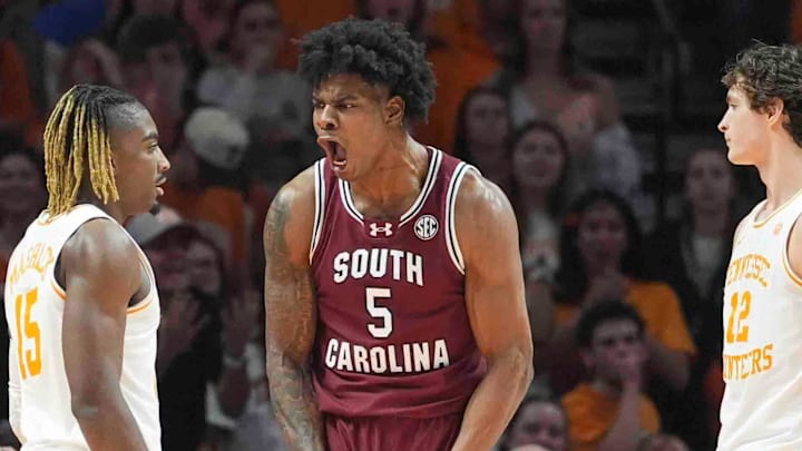 South Carolina's Nick Pringle (5) celebrates on the court during a men’s college basketball game between Tennessee and South Carolina at Thompson-Boling Arena at Food City Center.