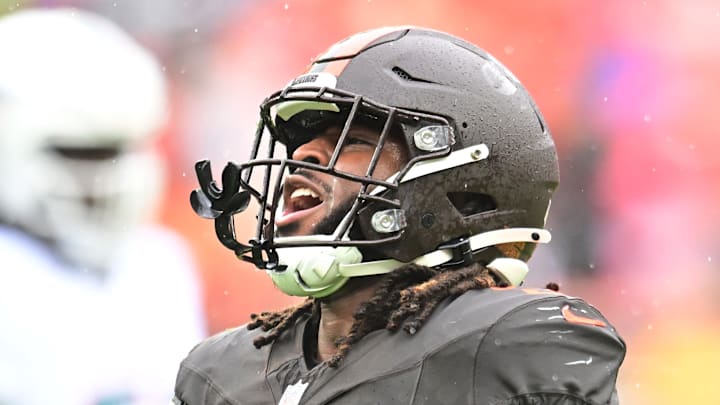 Cleveland Browns defensive end Alex Wright celebrates after a play against the Miami Dolphins.