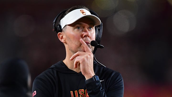 Nov 7, 2025; Los Angeles, California, USA; Southern California Trojans head coach Lincoln Riley watches game action against the Northwestern Wildcats during the second half at the Los Angeles Memorial Coliseum. Mandatory Credit: Gary A. Vasquez-Imagn Images