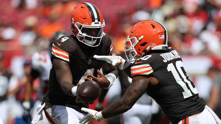 Sep 20, 2026; Tampa, Florida, USA; Cleveland Browns quarterback Deshaun Watson (4) hands off the ball to running back Quinshon Judkins (10) during the fourth quarter against the Tampa Bay Buccaneers at Raymond James Stadium. Mandatory Credit: Nathan Ray Seebeck-Imagn Images Sep 20, 2026; Tampa, Florida, USA; Cleveland Browns quarterback Deshaun Watson (4) hands off the ball to running back Quinshon Judkins (10) during the fourth quarter against the Tampa Bay Buccaneers at Raymond James Stadium. Mandatory Credit: Nathan Ray Seebeck-Imagn Images